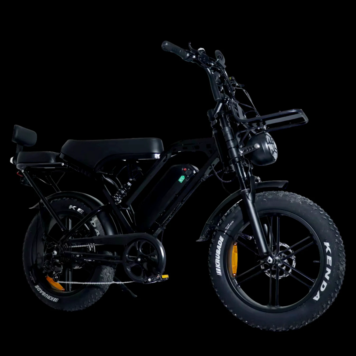 OVE FATBIKE noir de trois quarts, roues larges, selle longue et phare rond